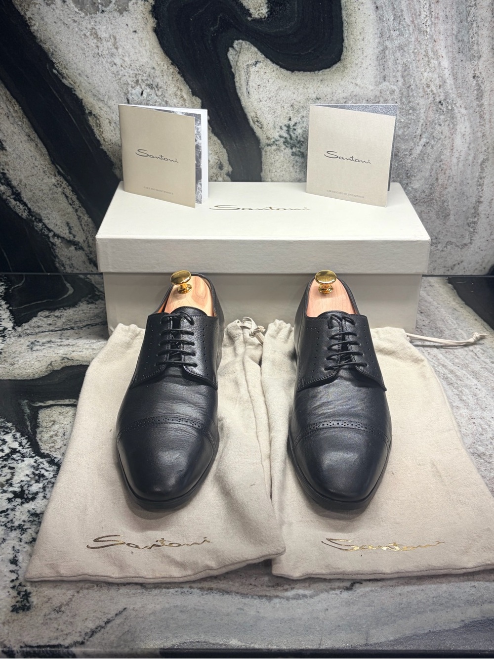 Santoni Gareth-1 Black Leather Derby Shoes UK 8 D US 9 Italy Box Bags